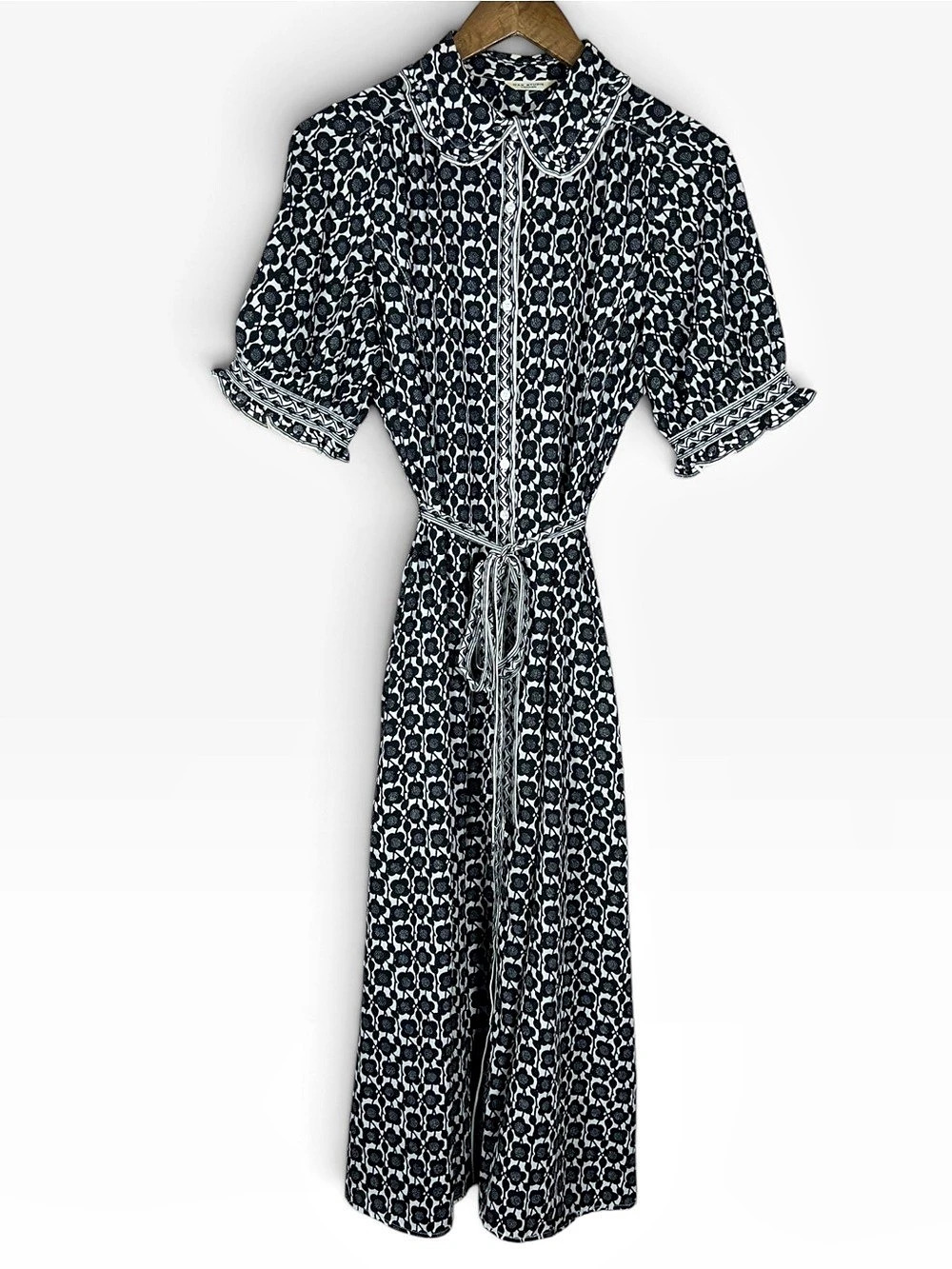 Max Studio Womens Floral Midi Shirt Dress Size Small Black White Mod Retro Twee